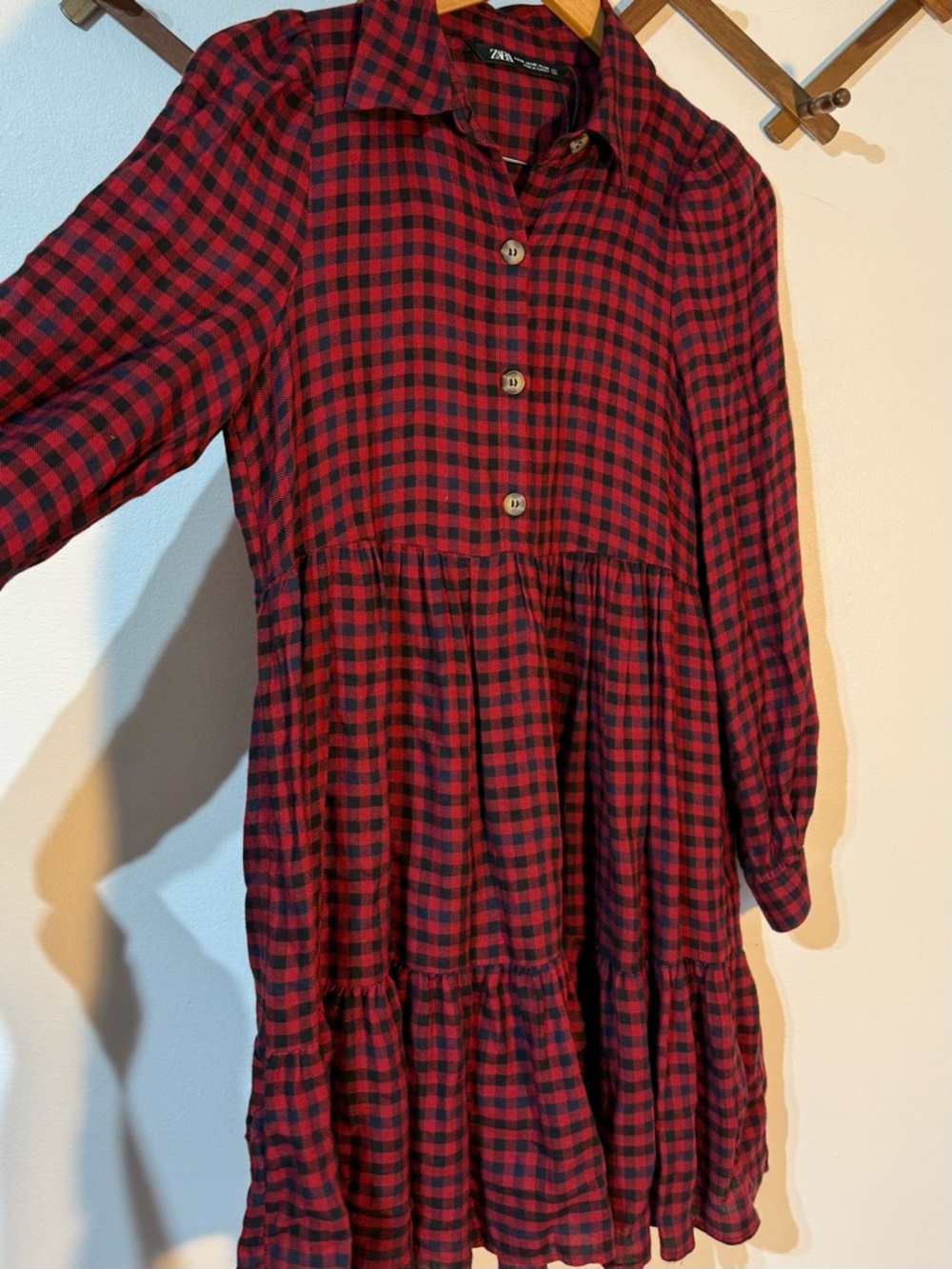 Zara Buffalo plaid red/black checkered baby doll tiered long sleeve minidress XS - Picture 3 of 7